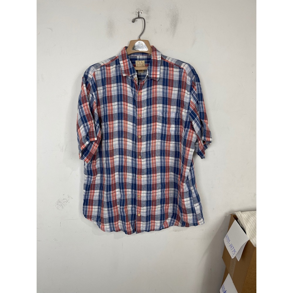 Jos. A. Bank Mens XL 100% Linen Short Sleeve Button Up Shirt Red Blue Plaid
